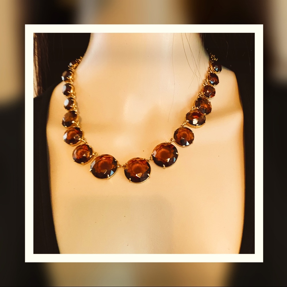 Vintage amber toned glass bead necklace 18” long gold toned setting